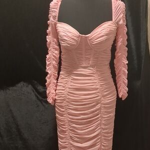 Self-Portrait Pink Ruched Long Sleeve Dress